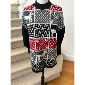Vintage 90s Black, Red & Grey Reindeer Snowflake Patchwork Sweater